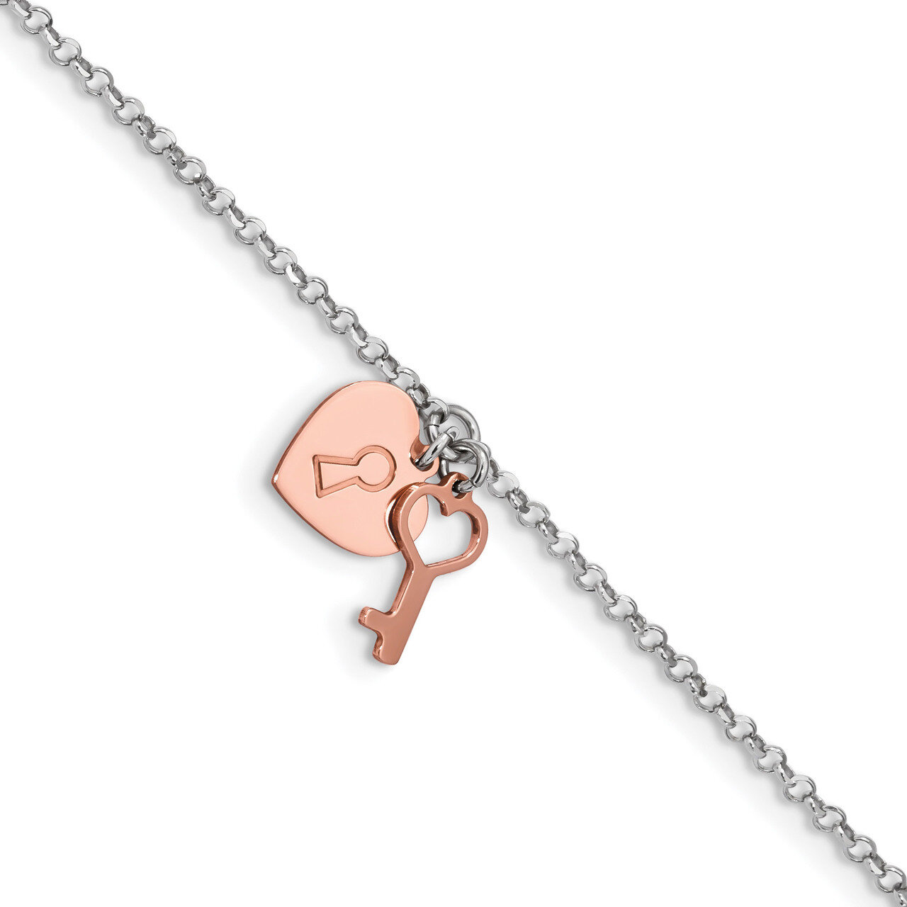 Rose-tone Heart &amp; Key with 1.5 inch Extender Bracelet 6 Inch Sterling Silver Rhodium QG4601-6, MPN:…