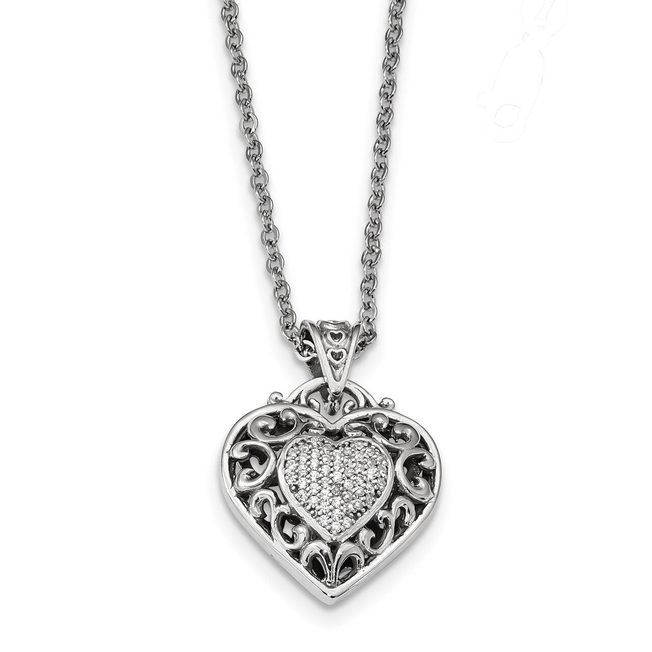 CZ Diamond Heart Necklace 17 Inch Sterling Silver Rhodium-plated QG4612-17, MPN: QG4612-17,