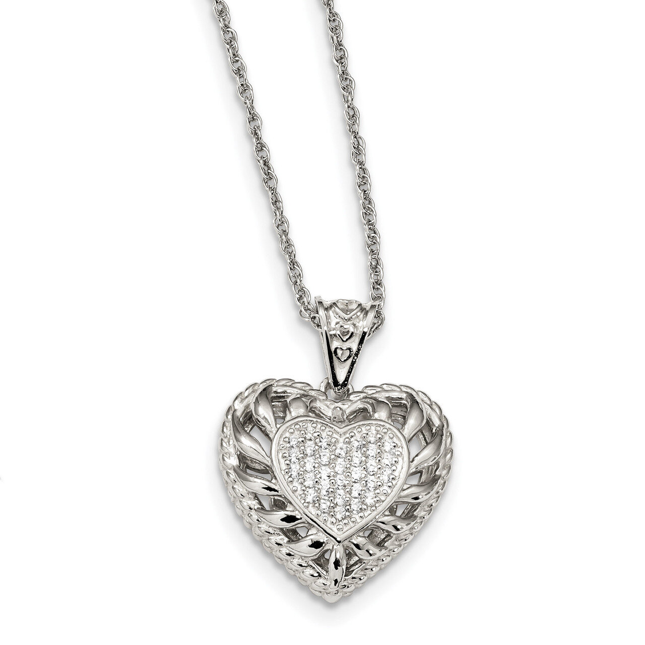 CZ Diamond Heart Necklace 17 Inch Sterling Silver QG4613-17