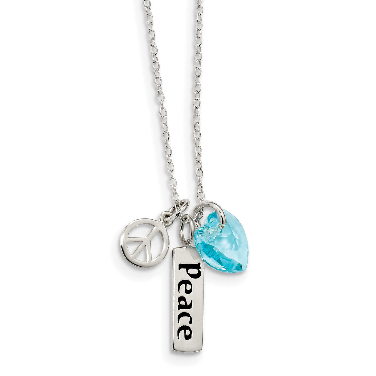 Enameled Peace Blue Swarovski Heart Charm Necklace 18 Inch Sterling Silver QG4619-18