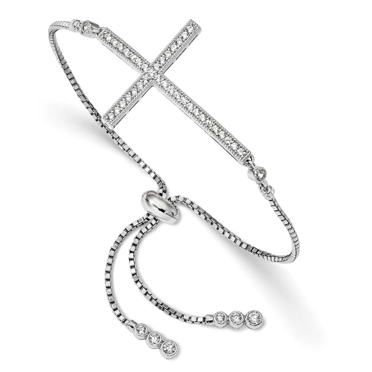 CZ Diamond Polished Adjustable Cross Bracelet 8.75 Inch Sterling Silver Rhodium-plated QG4653, MPN:…