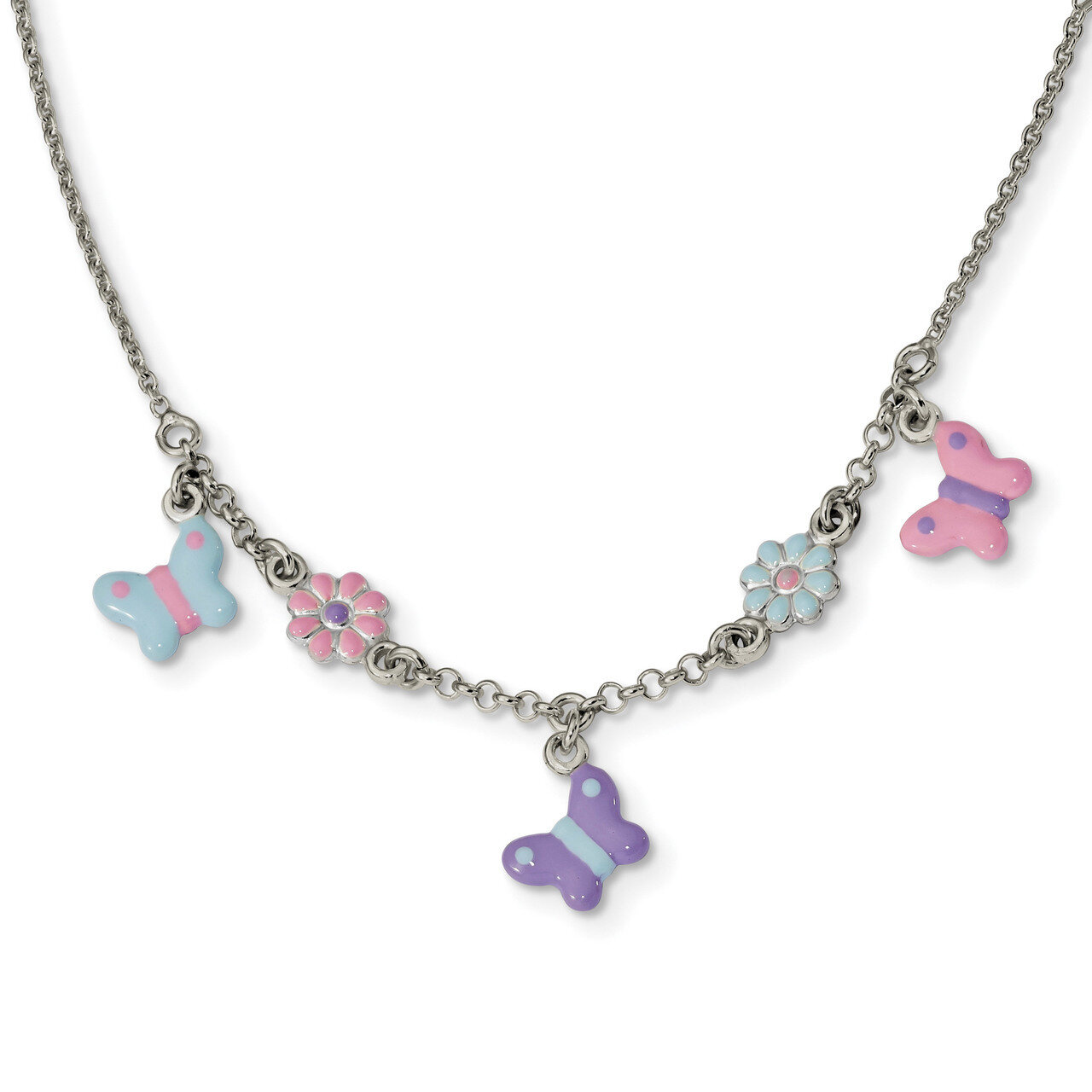 Enameled Floral &amp; Butterfly Necklace 14 Inch Sterling Silver Polished QG4660-14, MPN: QG4660-14, 19…