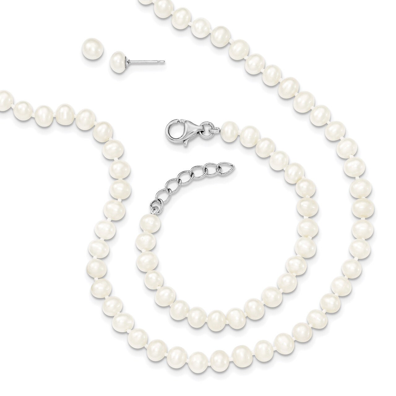 4-5mm Cultured Freshwater Pearl 14 1 Necklace 5 1 Brace Earring Set Sterling Silver Rhodium QH5180S…