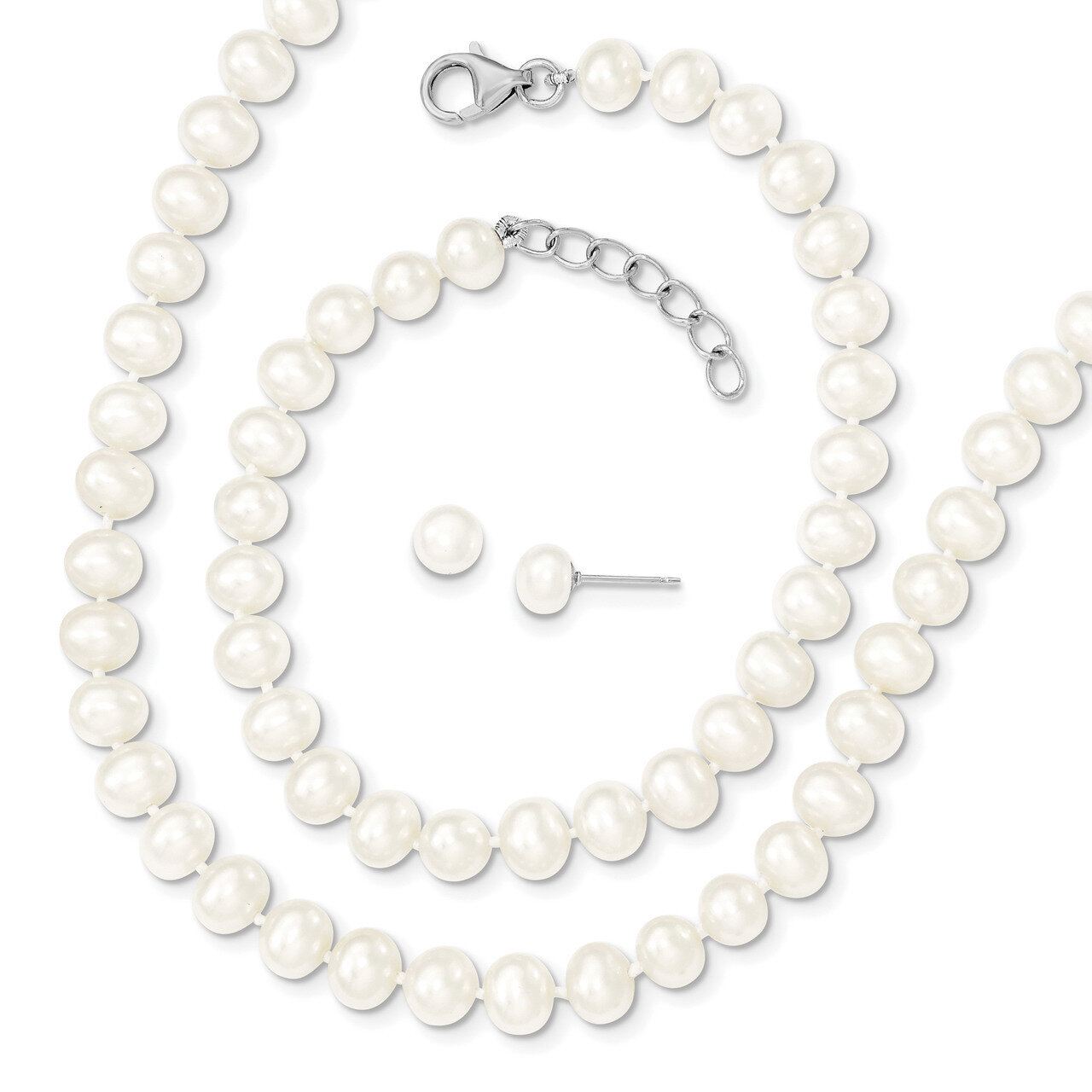 6-7mm Cultured Freshwater Pearl 18 2 Necklace 7 1 Brace Earring Set Sterling Silver Rhodium QH5181S…