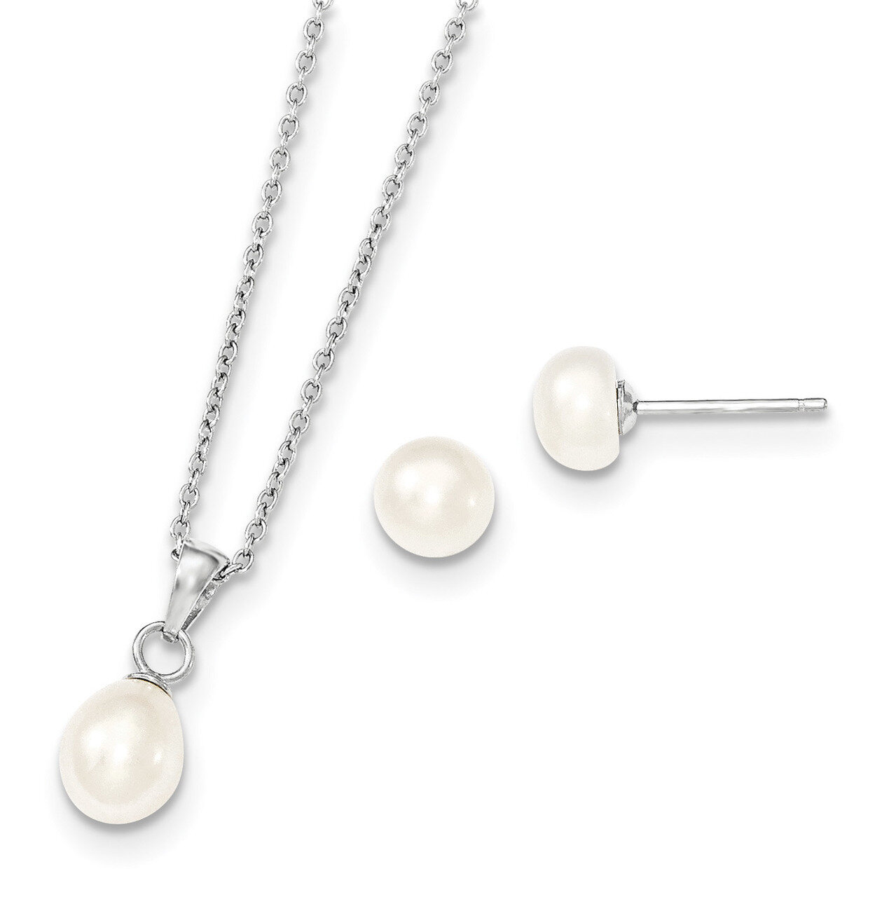 Cultured Freshwater Pearl Necklace &amp; Stud Ear Set 17 Inch Sterling Silver Rhodium-plated QH5191SET