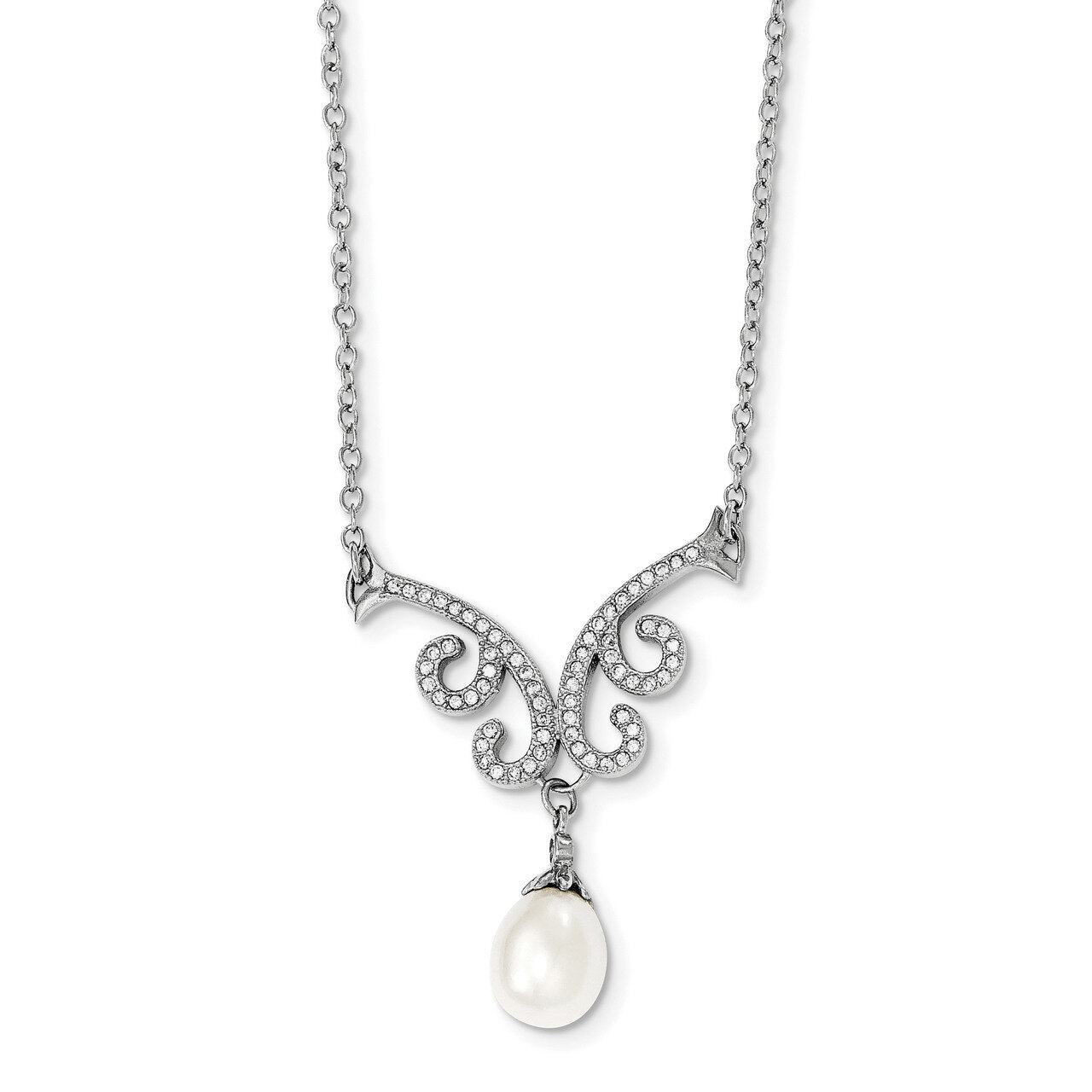 8-9mm White Cultured Freshwater Pearl CZ Diamond Fancy Neck with 1 inch Extender  Sterling Silver R…