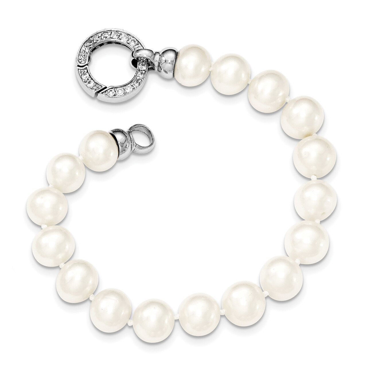 9-10mm White Cultured Freshwater Pearl CZ Diamond Fancy Bracelet 7.5 Inch Sterling Silver Rhodium-p…