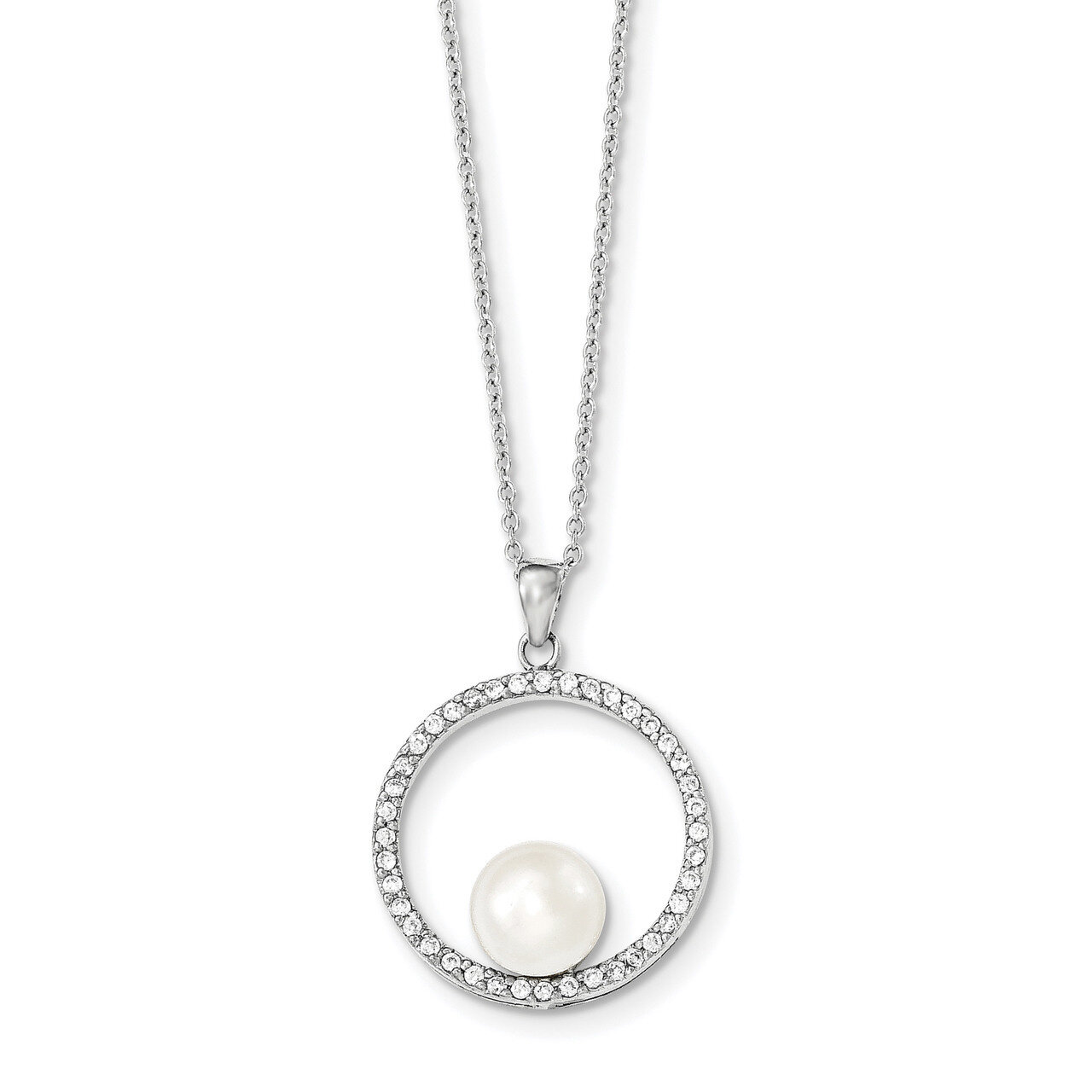8-9mm White Freshwater Cultured Pearl and CZ Diamond Necklace 17 Inch Sterling Silver Rhodium QH523…