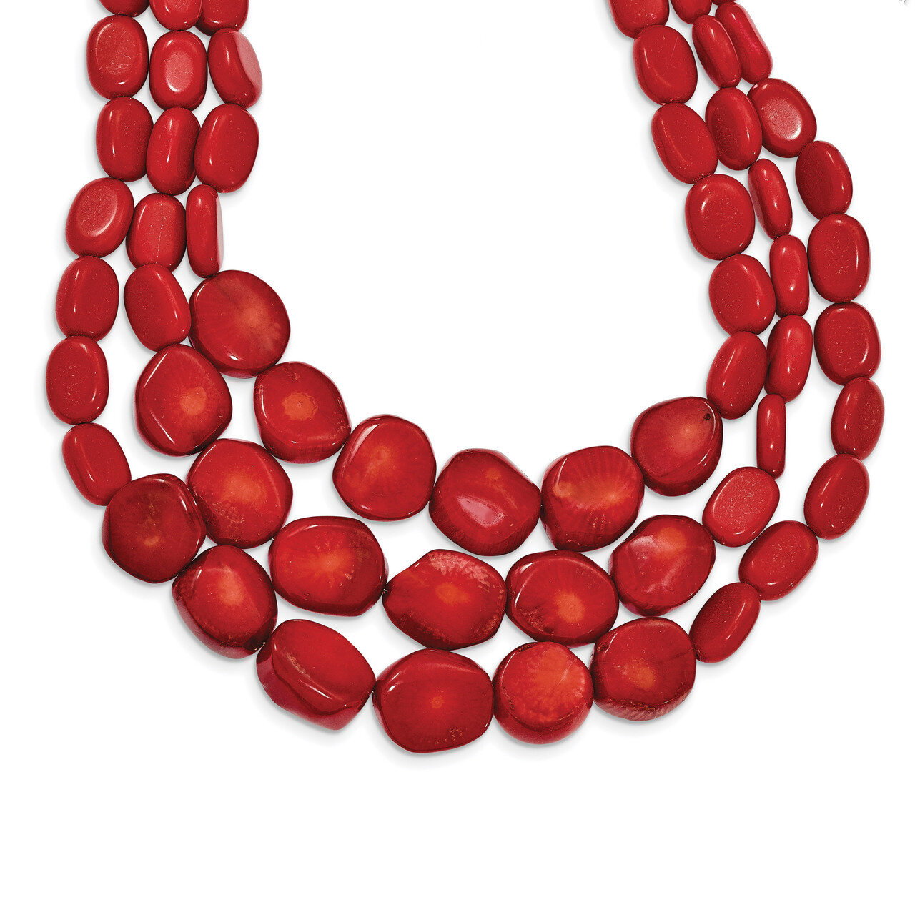 Red Coral with 2 inch Extender Triple Strand Necklace 16 Inch Sterling Silver QH5307-16