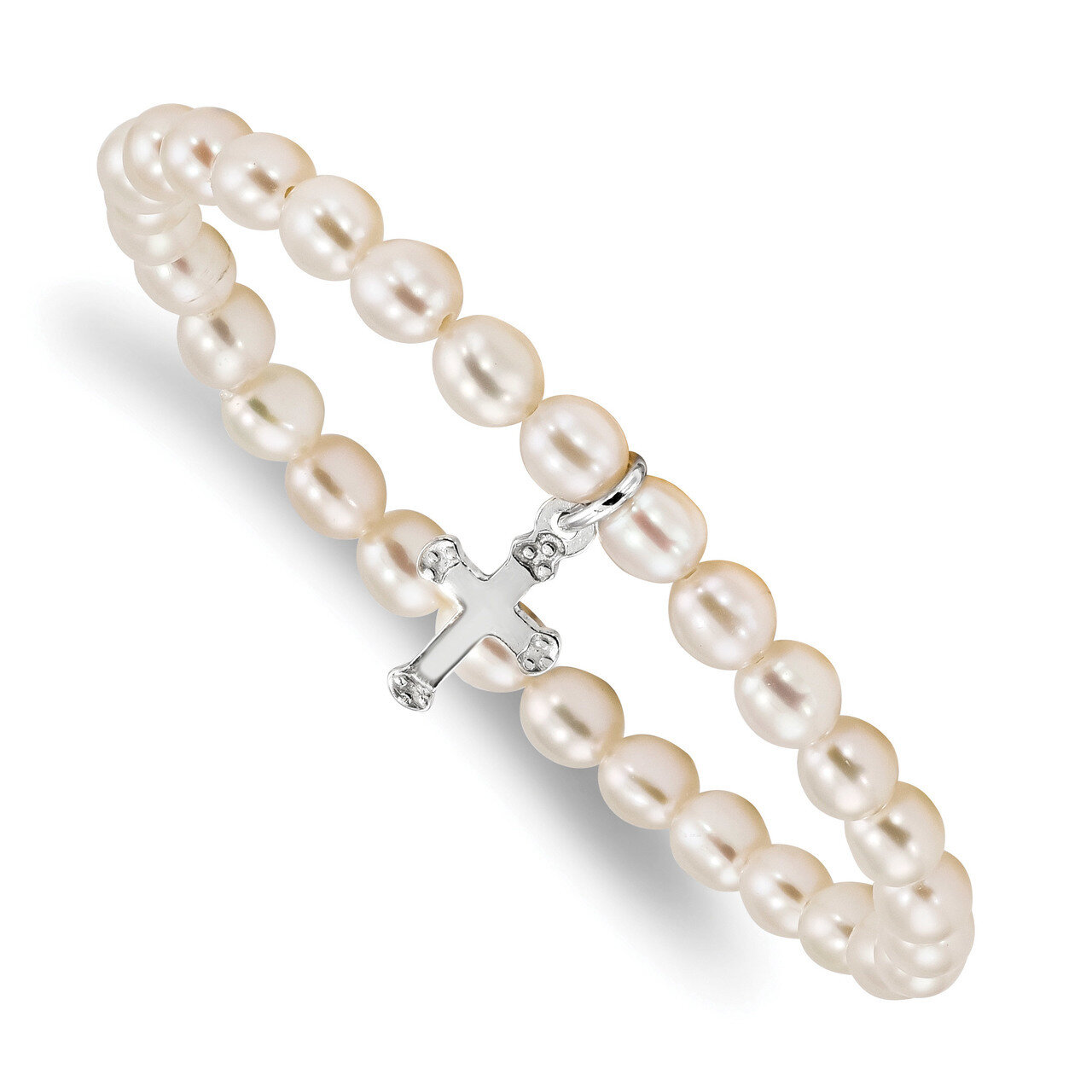 Cross Freshwater Cultured Pearl 5 inch Stretch Bracelet 5 Inch Sterling Silver QH5323