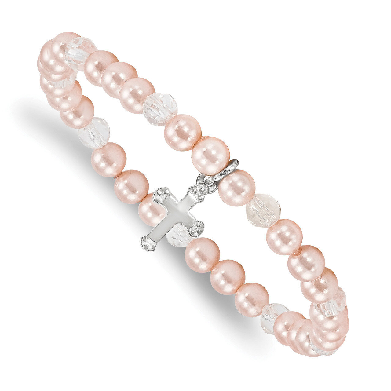Cross Pink Shell Bead &amp; Crystal Stretch 6 inch Bracelet 6 Inch Sterling Silver QH5324, MPN: QH5324,…