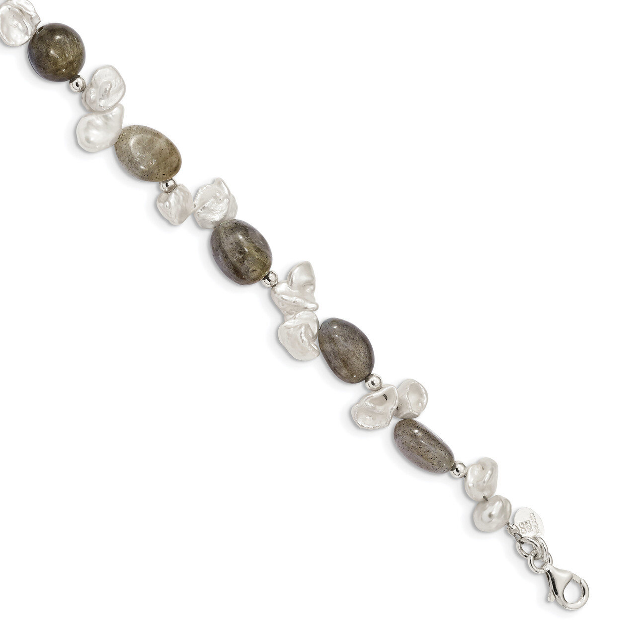 Labradorite &amp; Cultured Freshwater Keshi Pearl with 1 inch Extender Fancy Bracelet 7 Inch Sterling S…