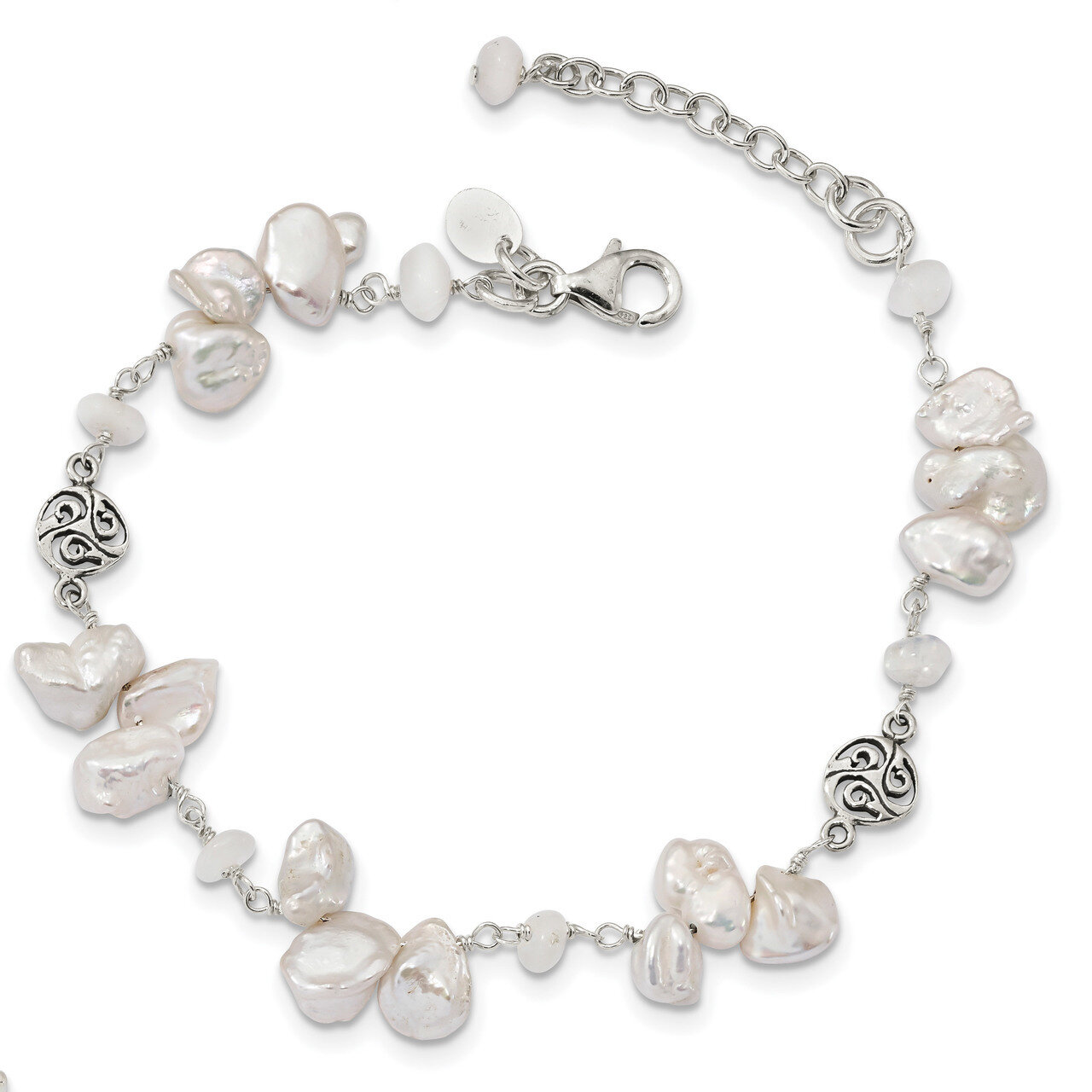 Cultured Freshwater Keshi Pearl &amp; Moonstone with 1 inch Extender Fancy Bracelet 7.5 Inch Sterling S…