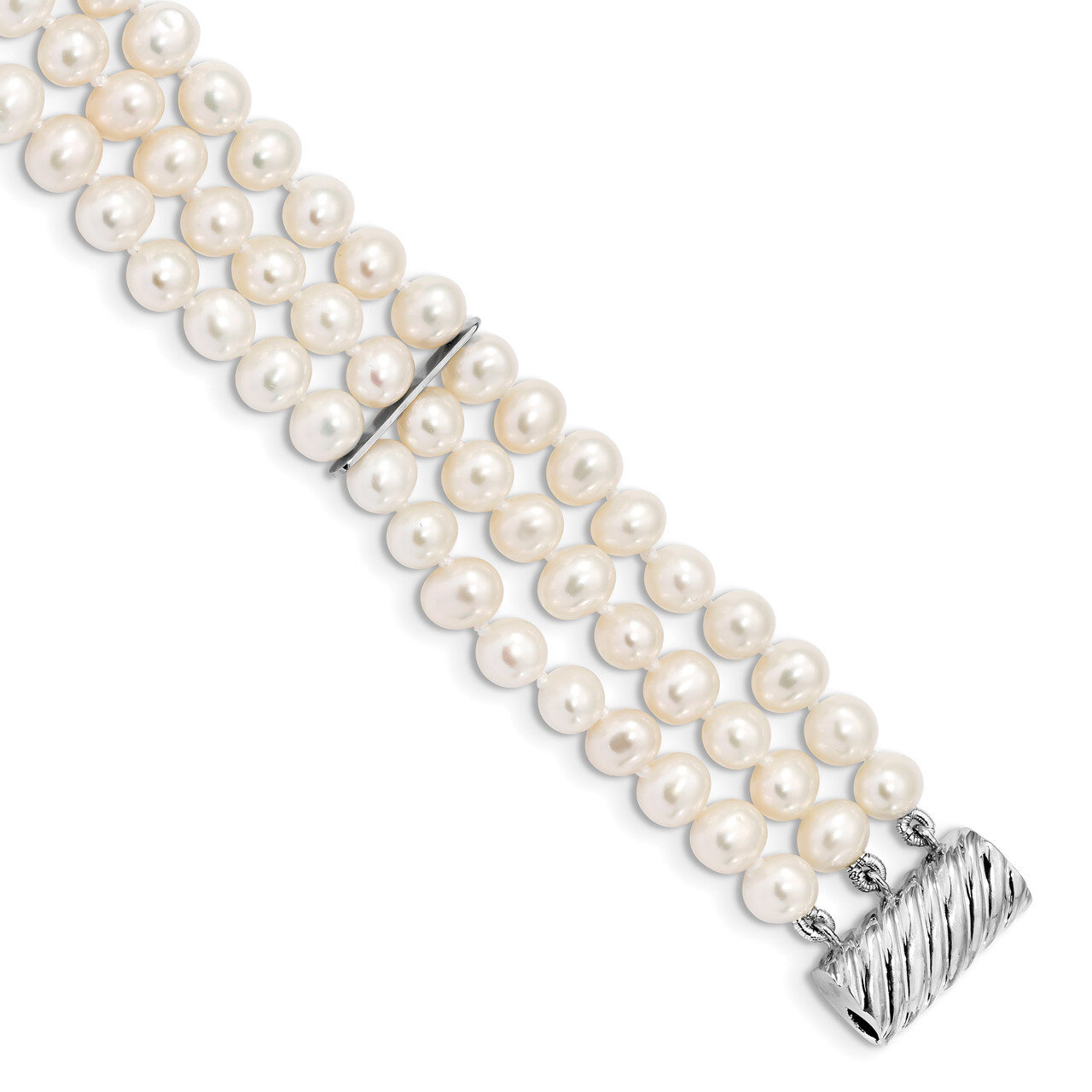 6-7mm White Cultured Freshwater Pearl 3 Strand Bracelet 7 Inch Sterling Silver Rhodium-plated QH5365-7.5