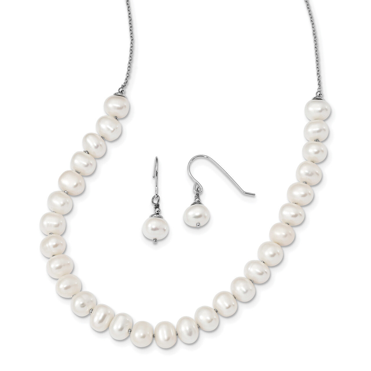 7-8mm White Cultured Freshwater Pearl Earring Necklace Set Sterling Silver Rhodium-plated QH5369SET…