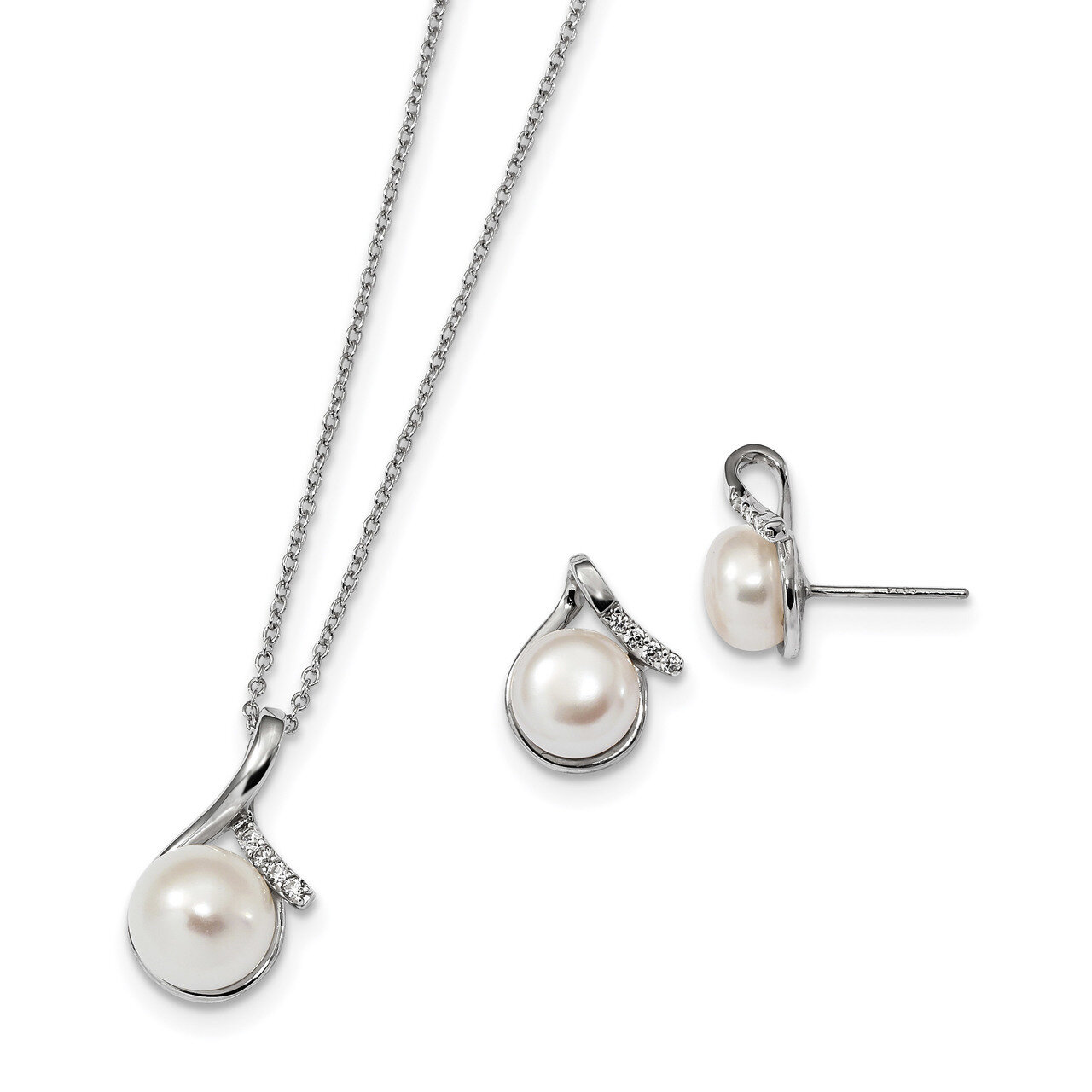 Sterling Silver Rh8-10mm White Cultured Freshwater Pearl CZ Diamond Earring Necklace Set Sterling S…