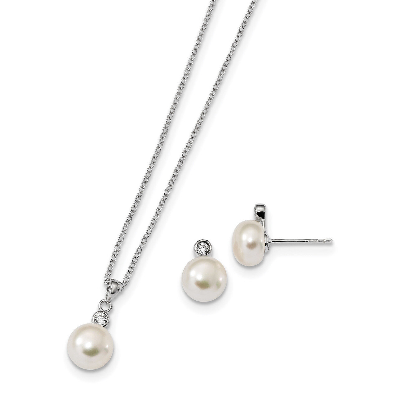 8-9mm Cultured Freshwater Pearl CZ Diamond Earring/ Necklace Set Sterling Silver Rhodium-plated QH5…