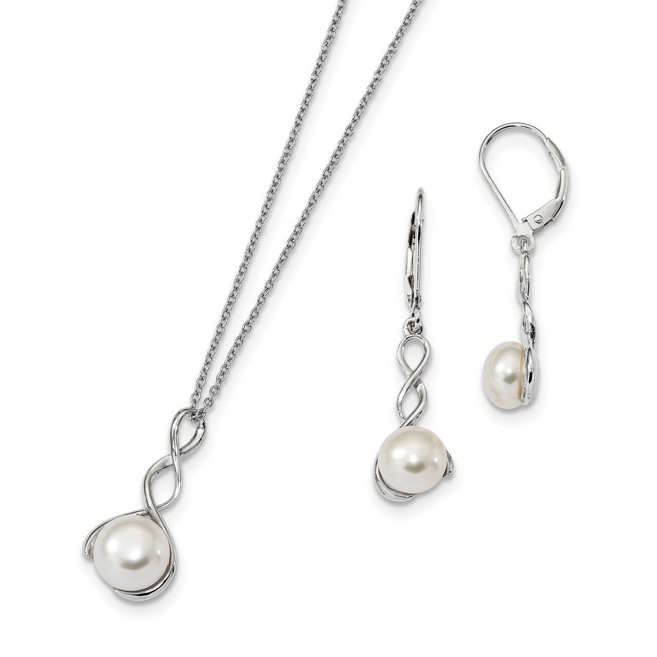 8-9mm White Cultured Freshwater Pearl Earring Necklace Set Sterling Silver Rhodium-plated QH5379SET…
