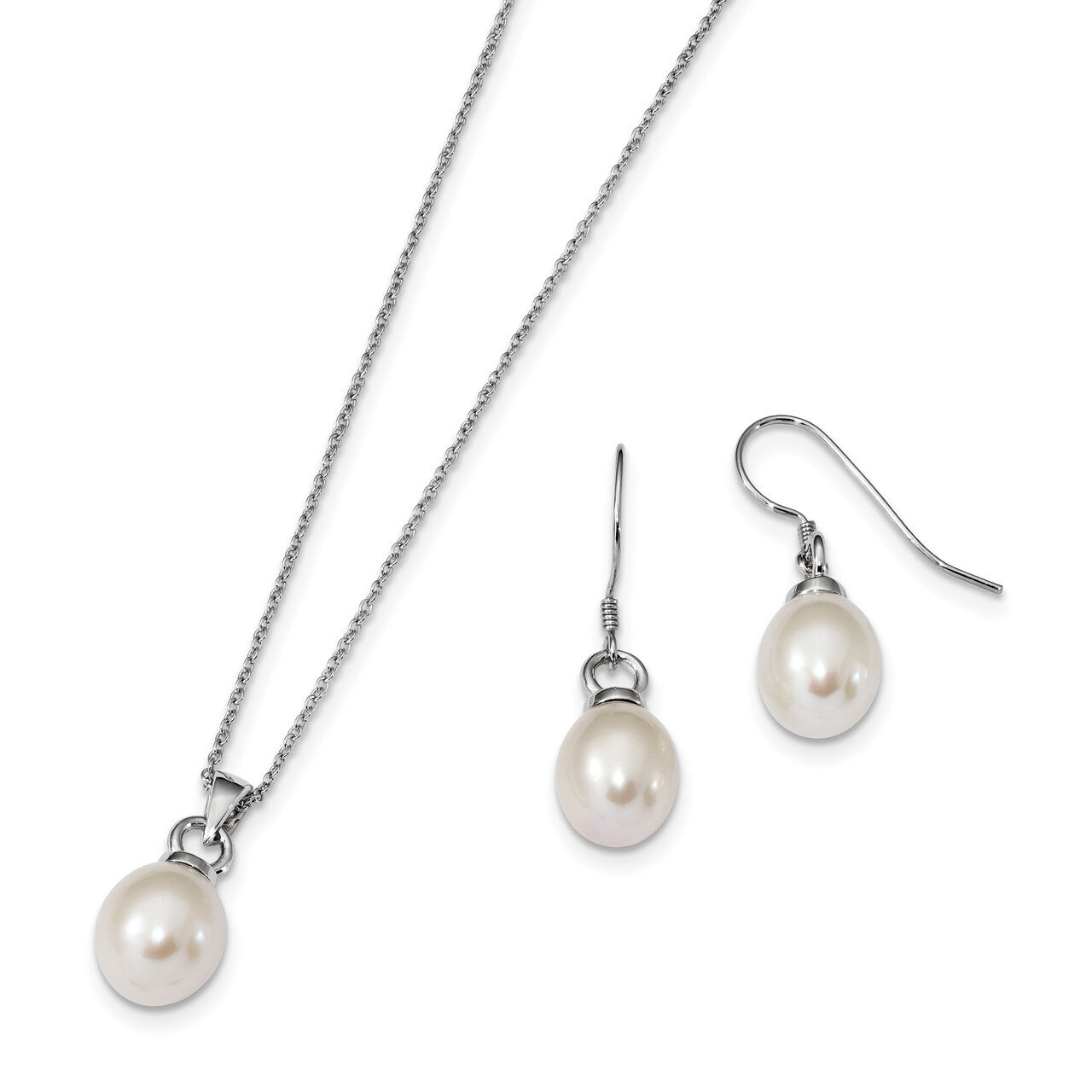 10-11mm Cultured Freshwater Pearl Earring Necklace Set Sterling Silver Rhodium-plated QH5384SET, MP…