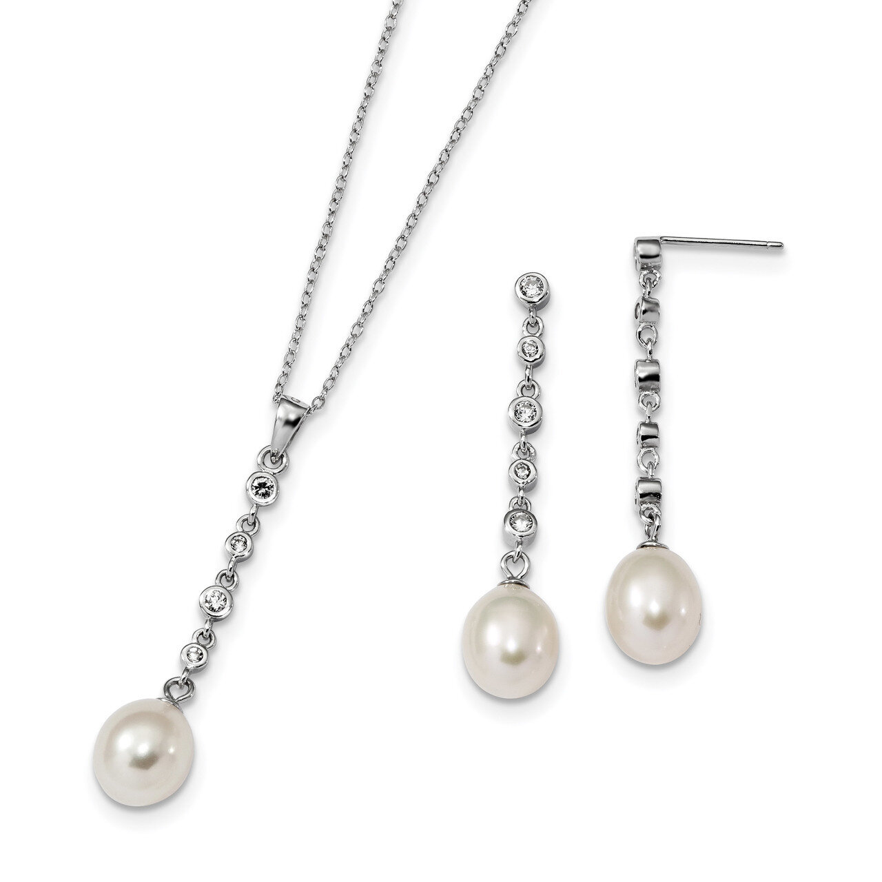 8-9mm White Cultured Freshwater Pearl CZ Diamond Earring Necklace Set Sterling Silver Rhodium-plate…