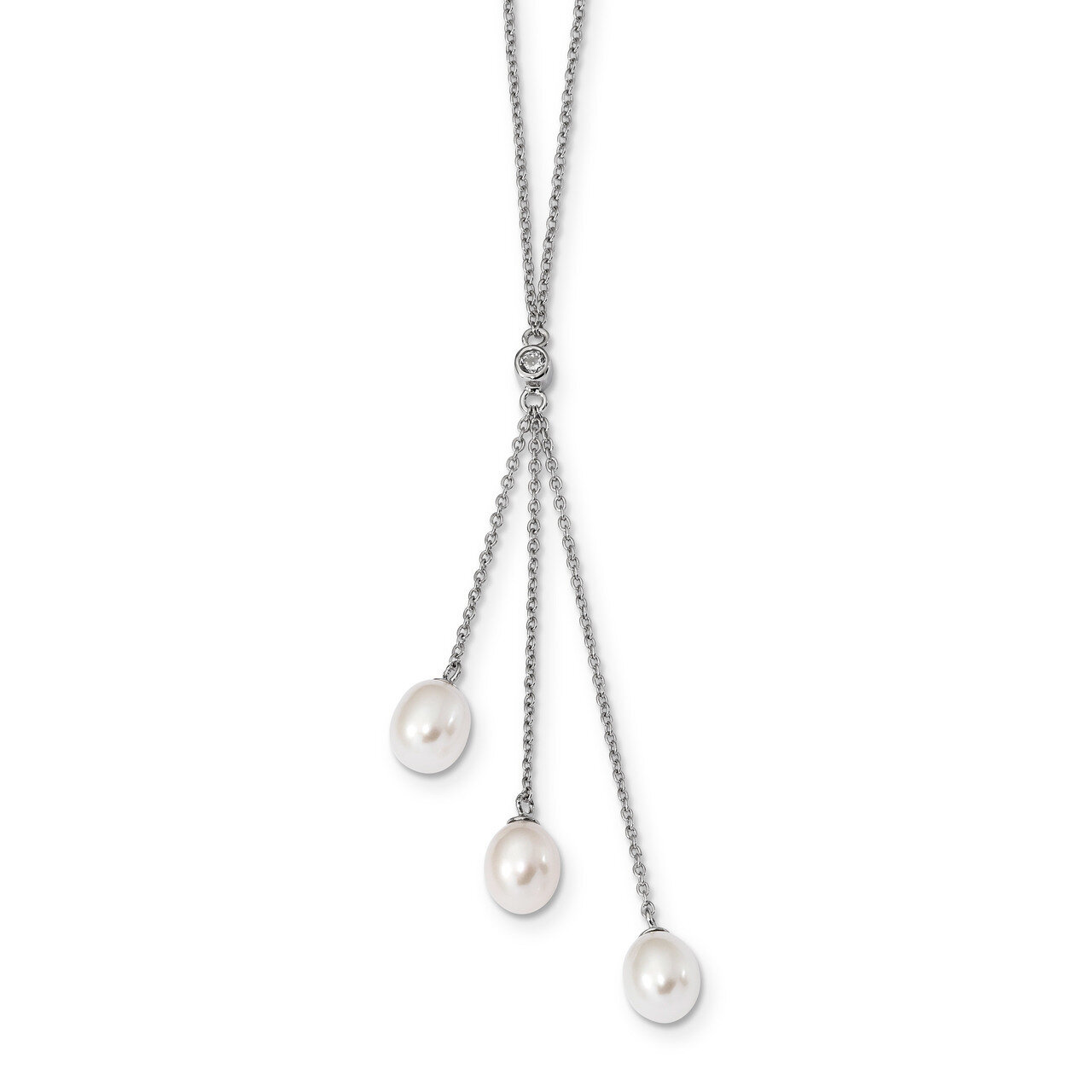 7-8mm White Rice Cultured Freshwater Pearl CZ Diamond Necklace 18 Inch Sterling Silver Rhodium-plat…