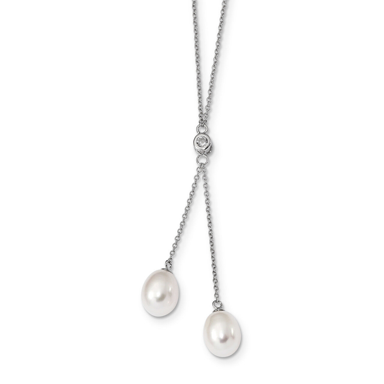 Sterling Silver RH8-9mm White Rice Cultured Freshwater Pearl CZ Diamond Dangle Necklace 18 Inch Sterling Silver Rhodium-plated QH5390-18