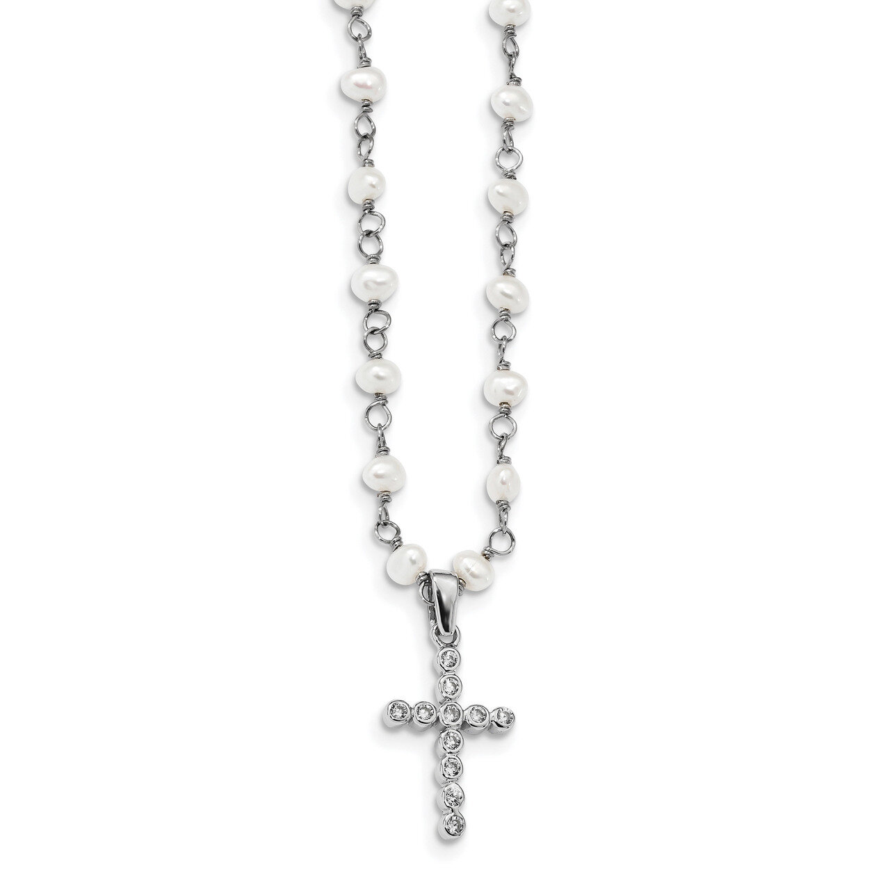 4-5mm White Cultured Freshwater Pearl CZ Diamond Cross Necklace 21 Inch Sterling Silver Rhodium-pla…