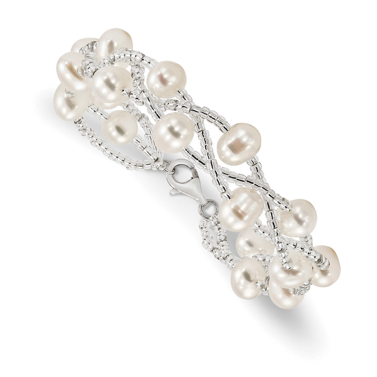 7-9m Cultured Freshwater Pearl Plastic Bead Multi-strnd Bracelet 7.5 Inch Sterling Silver Rhodium QH5395-7.5