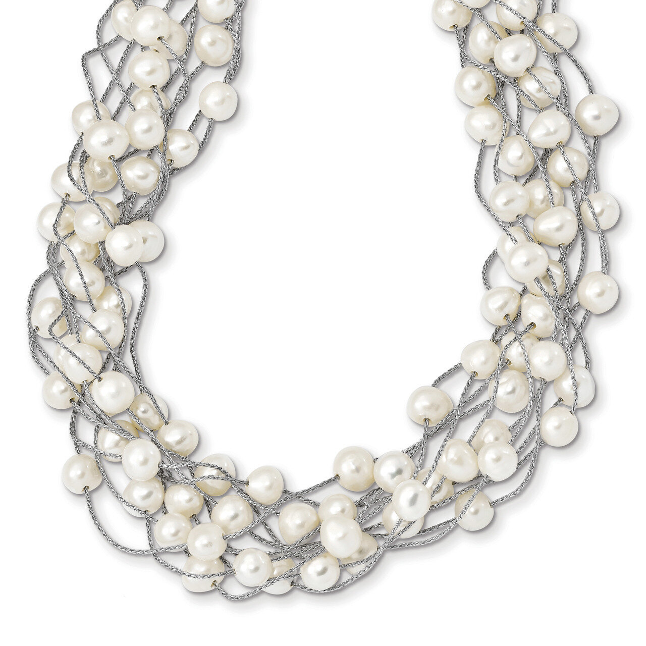 6-8mm White Cultured Freshwater Pearl Multi-strand Necklace 17.5 Inch Sterling Silver Rhodium-plated QH5410-15