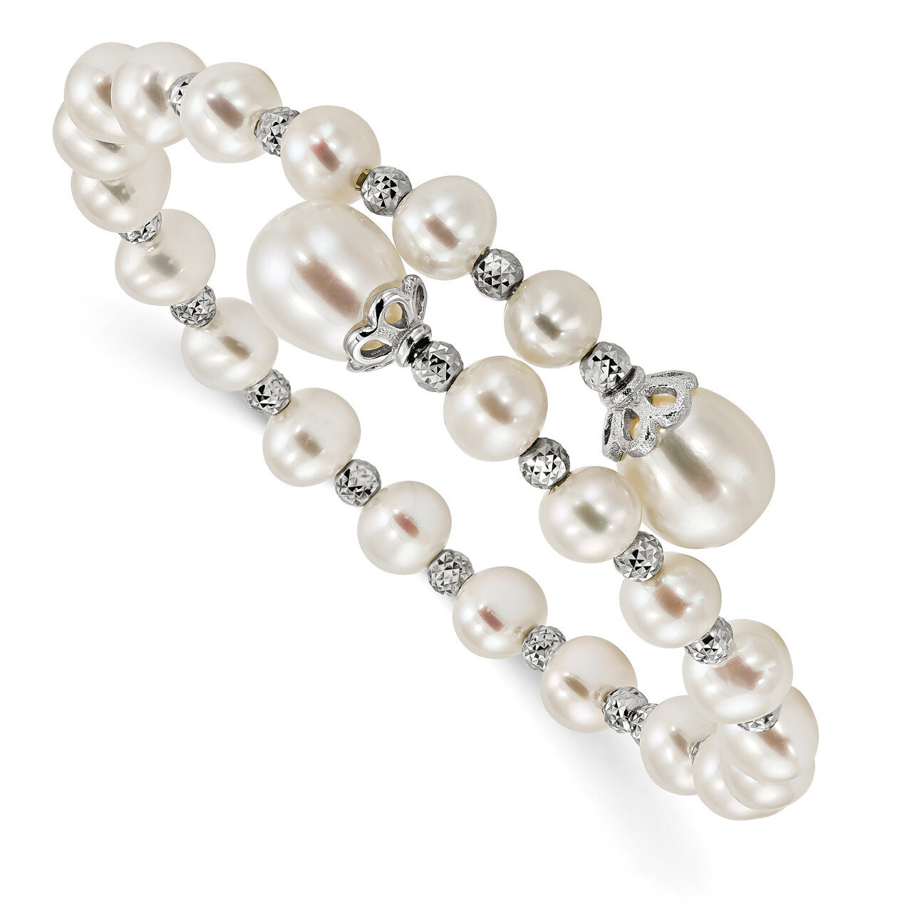6-9mm White Cultured Freshwater Pearl Diamond-cut Wrap Bracelet Sterling Silver Rhodium-plated QH54…