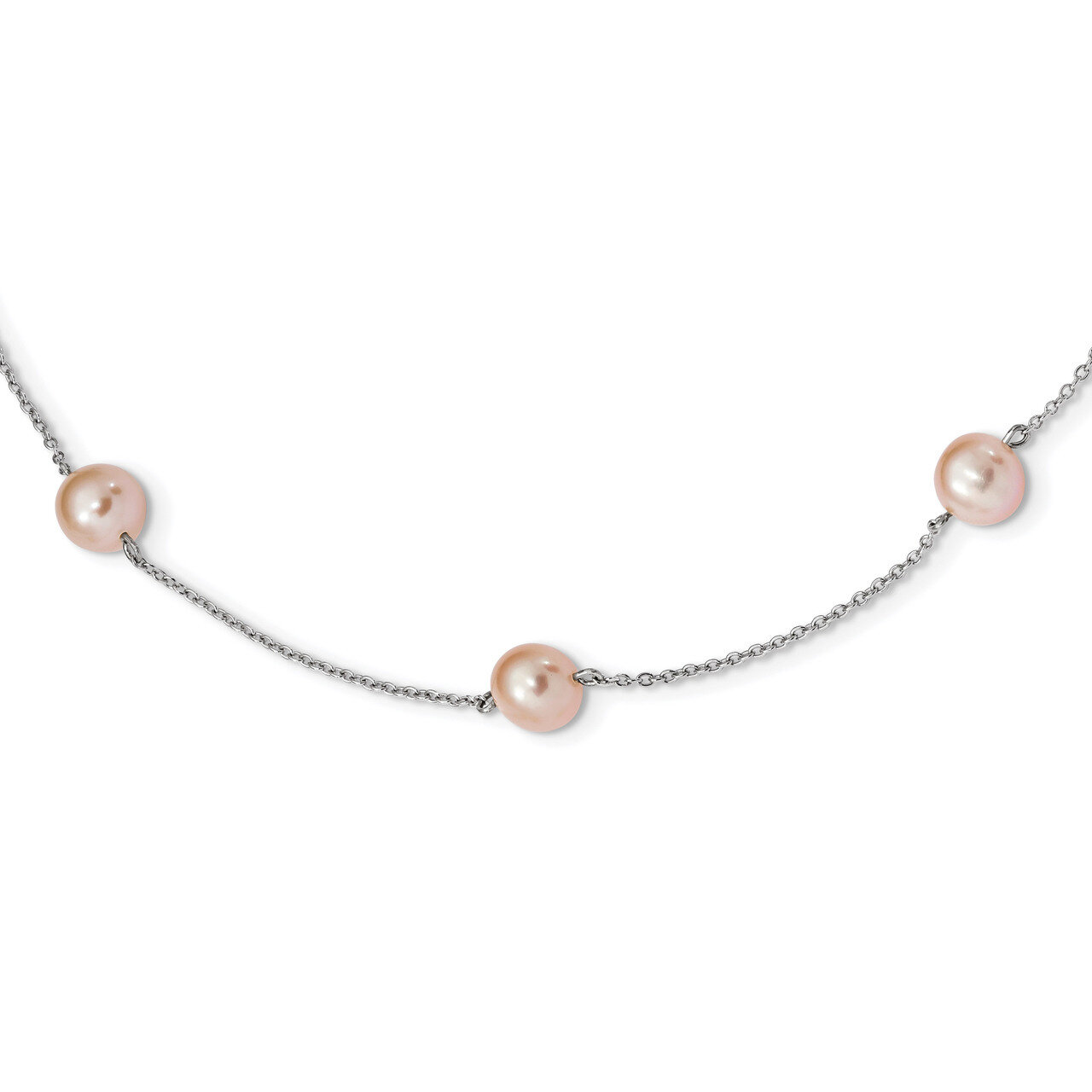 7-8mm Pink Round Cultured Freshwater Pearl 9 Station Necklace 18 Inch Sterling Silver Rhodium-plate…