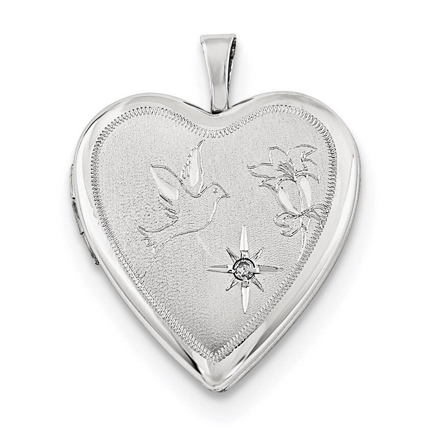 Diamond Diamond-cut Dove &amp; Flower Heart Locket Sterling Silver Rhodium-plated QLS668, MPN: QLS668,