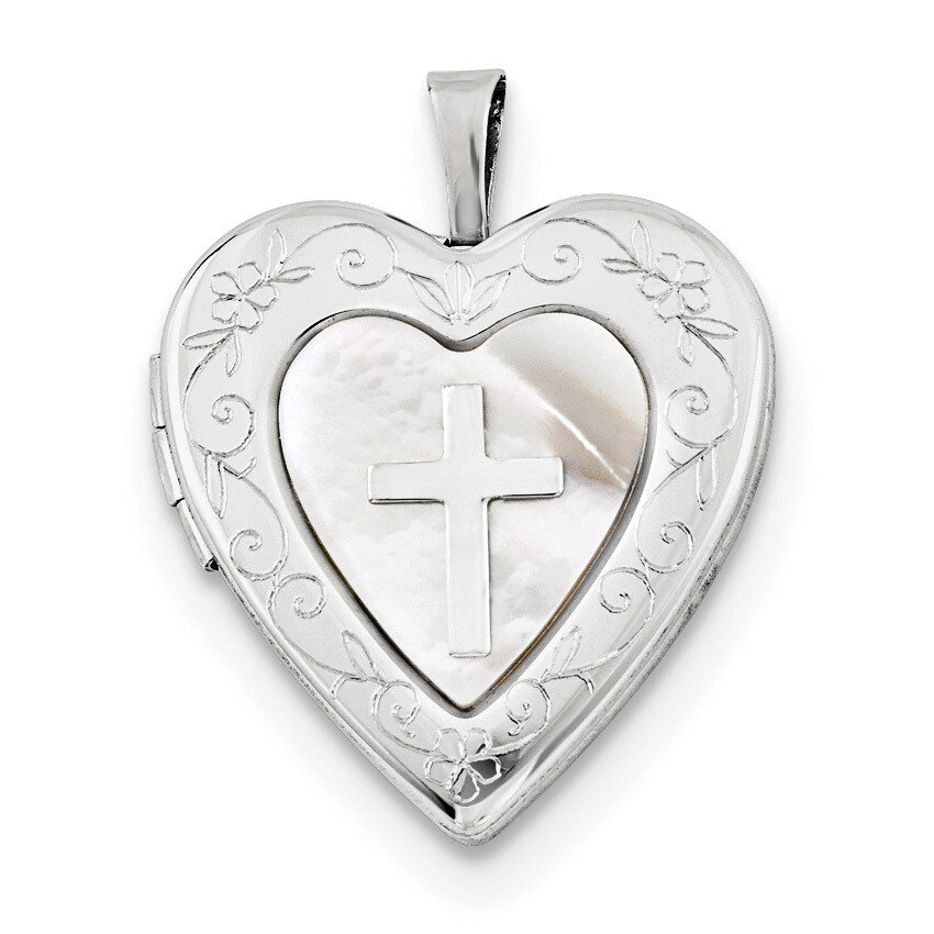 20mm Mother Of Pearl Cross Heart Locket Sterling Silver Rhodium-plated QLS681