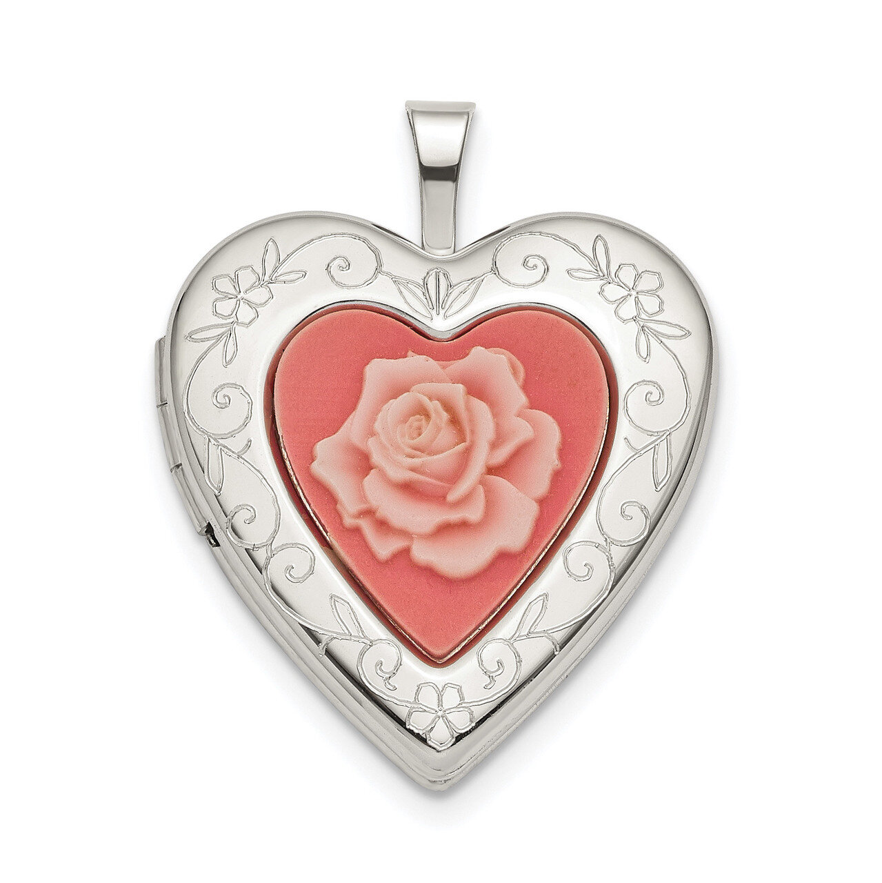 20mm Pink Resin Rose Cameo Heart Locket Sterling Silver QLS781