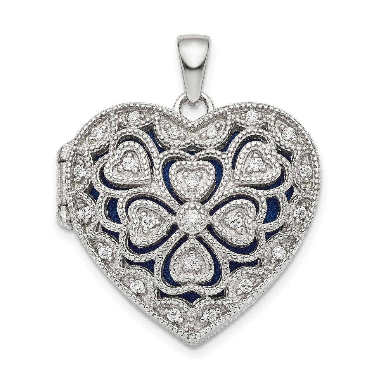 Fancy CZ Diamond Heart Locket Sterling Silver Rhodium-plated QLS822