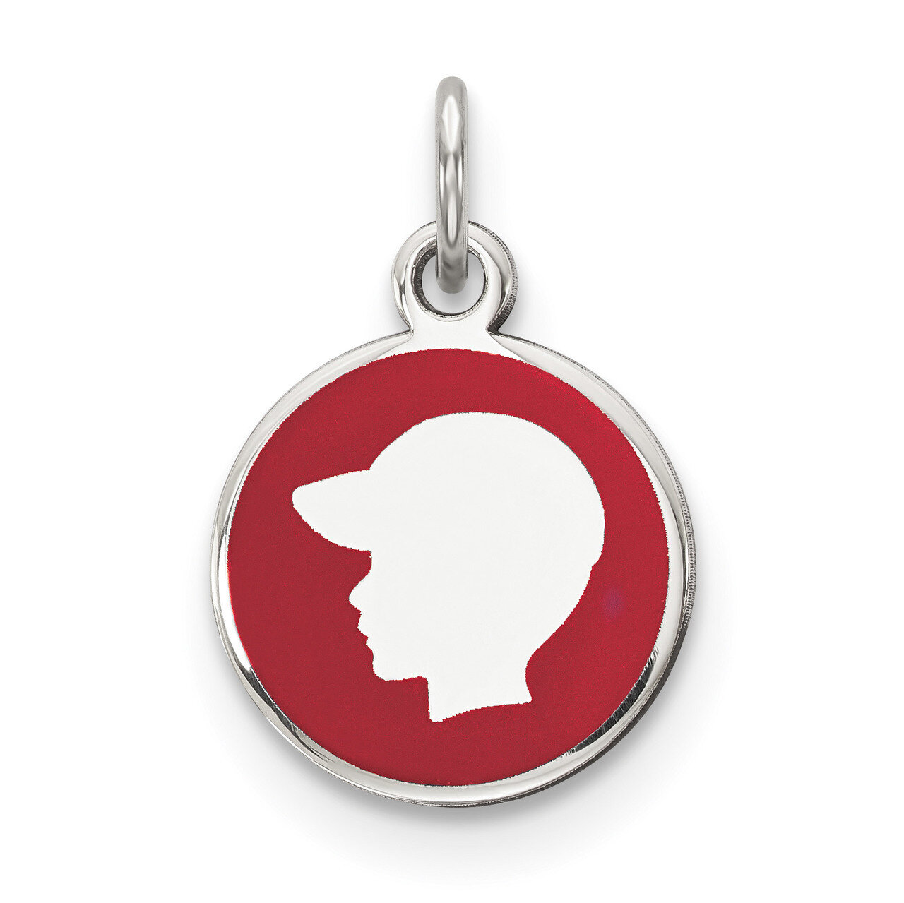Red Enamel Left Facing Boy Head Disc Charm Sterling Silver Rhodium QM533