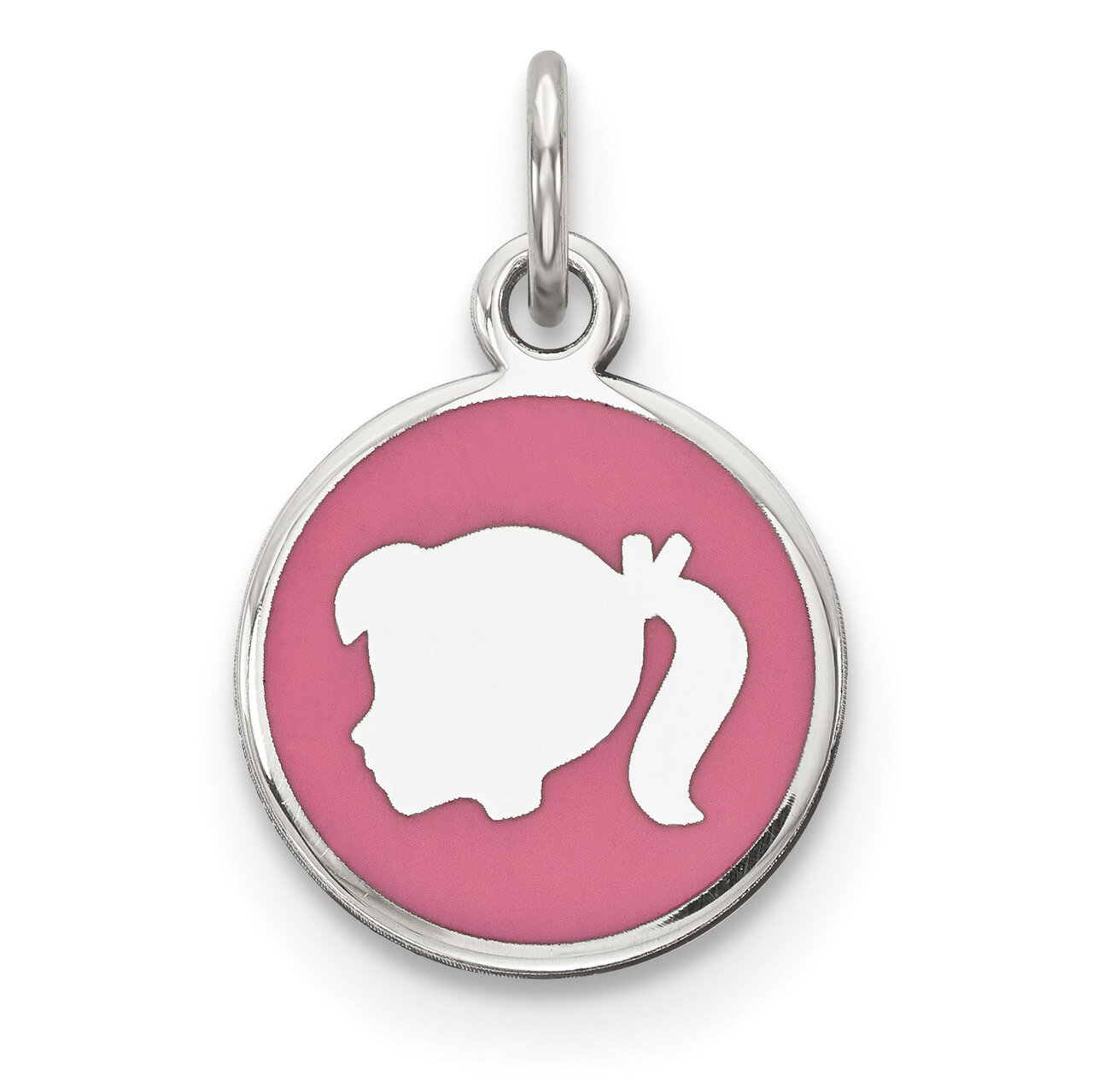 Pink Enamel Left Facing Girl Head Disc Charm Sterling Silver Rhodium QM535, MPN: QM535, 883957830957