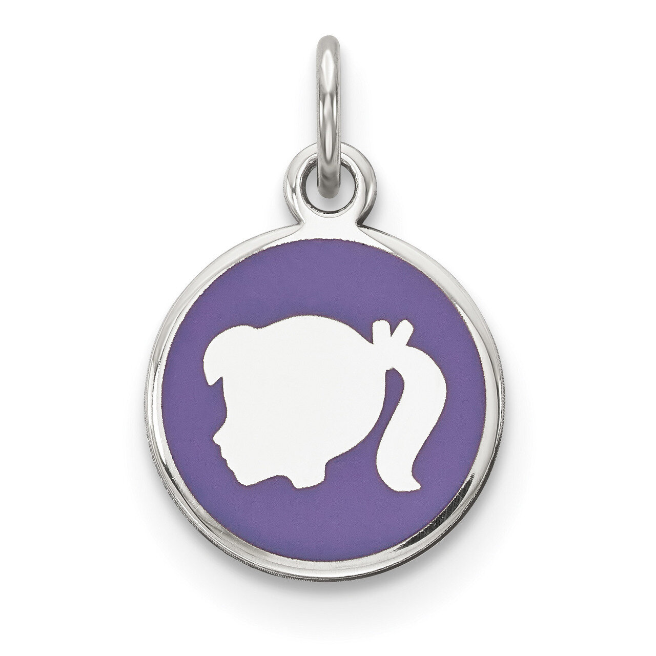 Purple Enamel Left Facing Girl Head Disc Charm Sterling Silver Rhodium QM536, MPN: QM536, 886774079…