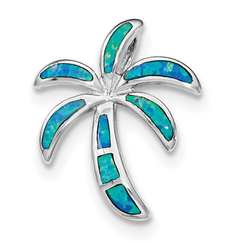 Created Blue Opal Palm Tree Slide Sterling Silver Rhodium QP4285