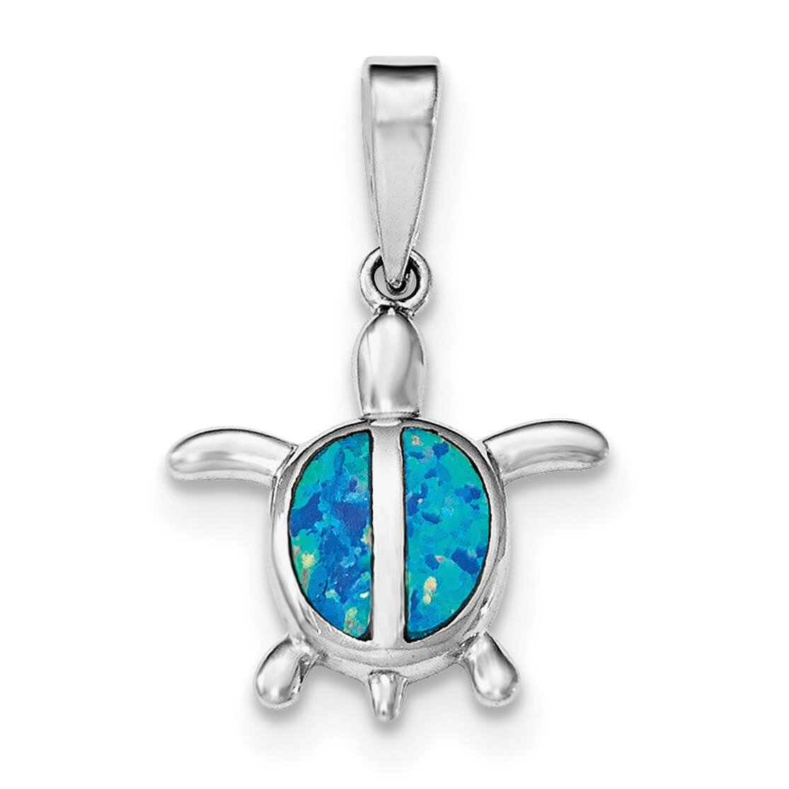 Created Blue Opal Turtle Pendant Sterling Silver Rhodium QP4289