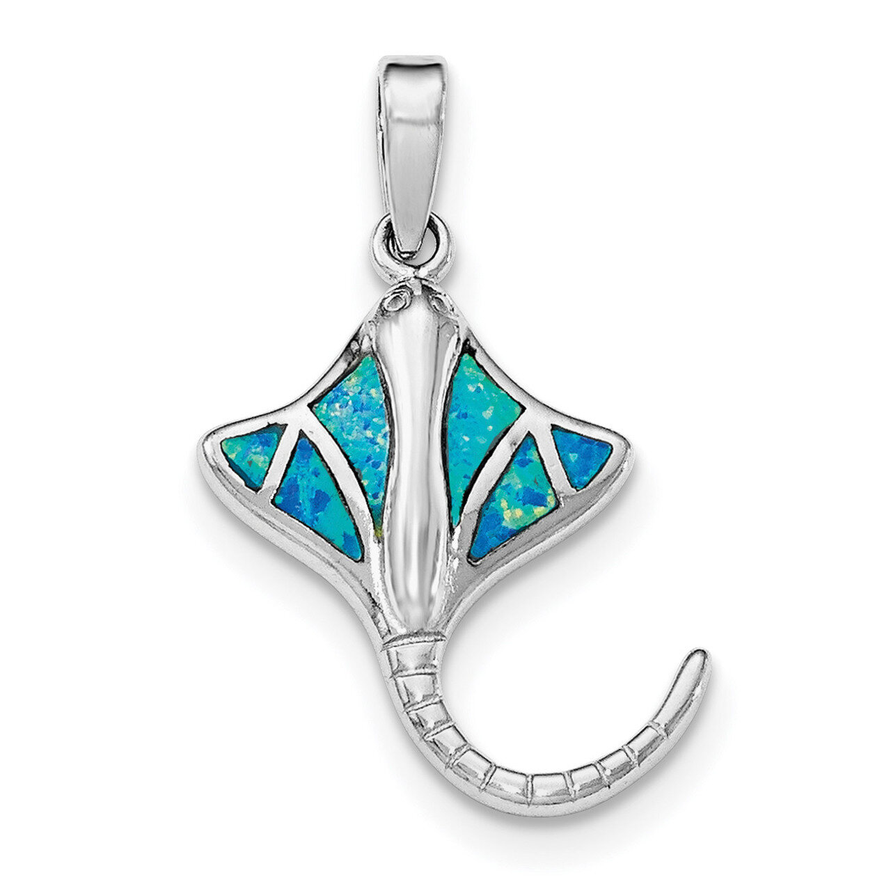Created Blue Opal Manta Ray Pendant Sterling Silver Rhodium QP4293