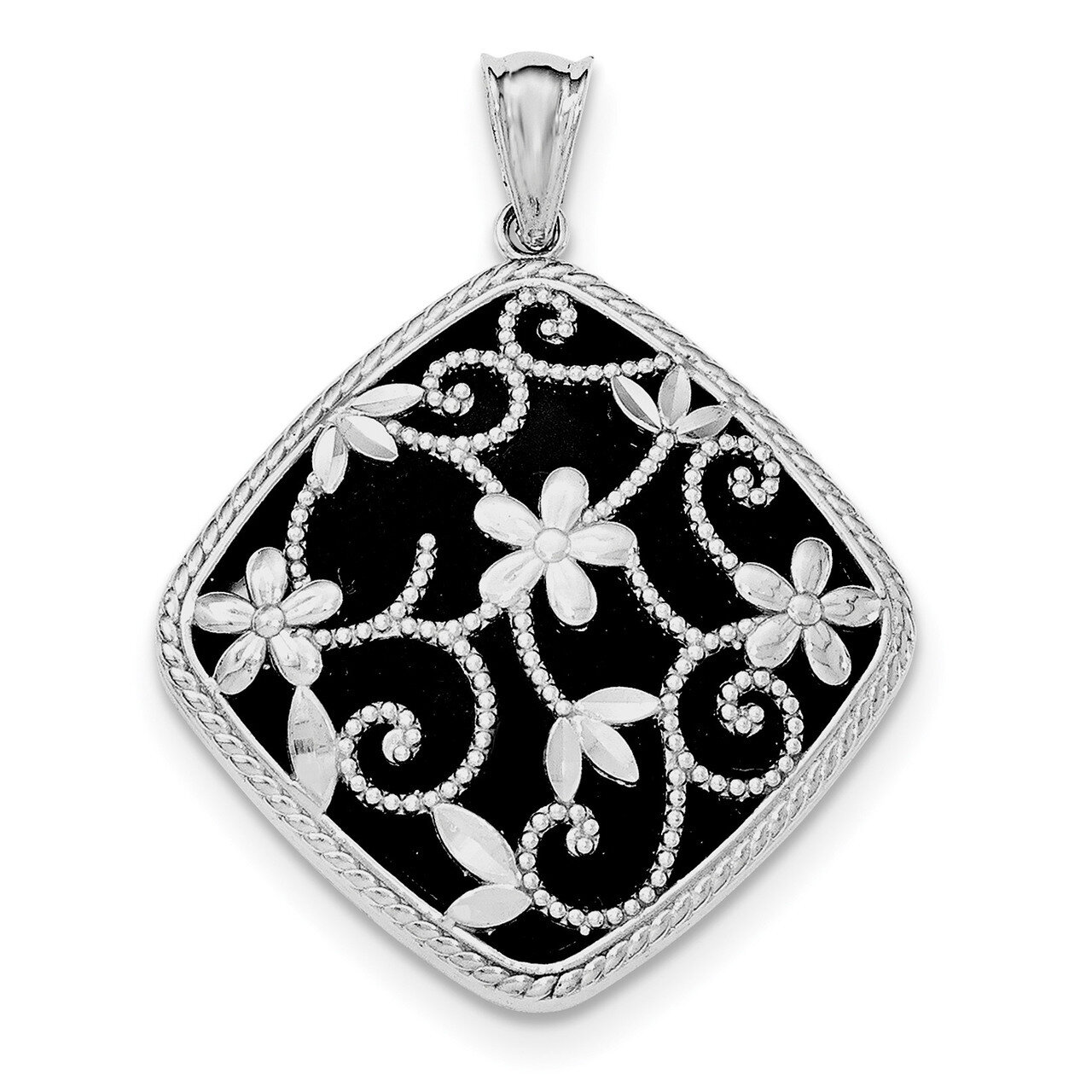Diamond-cut Onyx Pendant Sterling Silver Rhodium-plated Textured QP4495, MPN: QP4495,