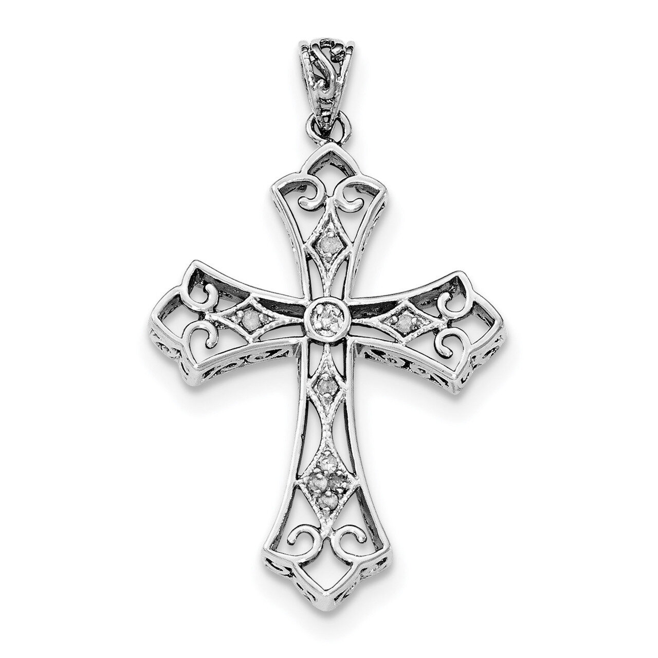 Diamond Filigree Cross Pendant Sterling Silver Rhodium QP4605
