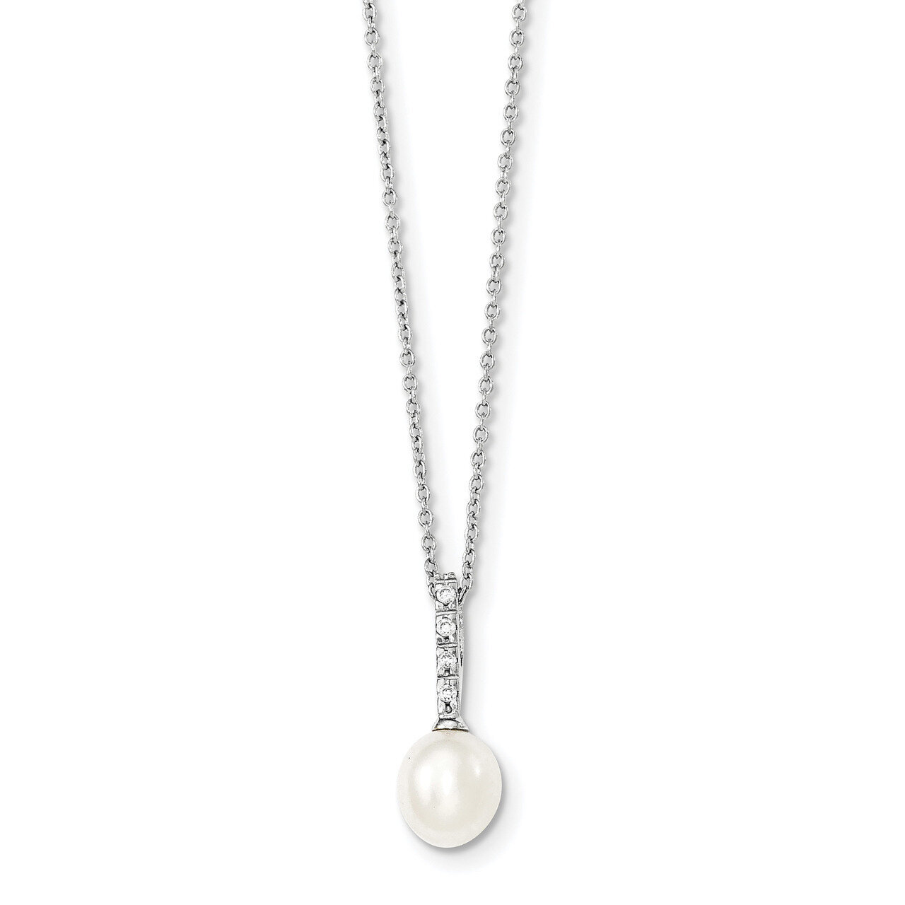 7-8mm White Freshwater Cultured Pearl CZ Diamond Chain Slide Necklace 17 Inch Sterling Silver QP463…
