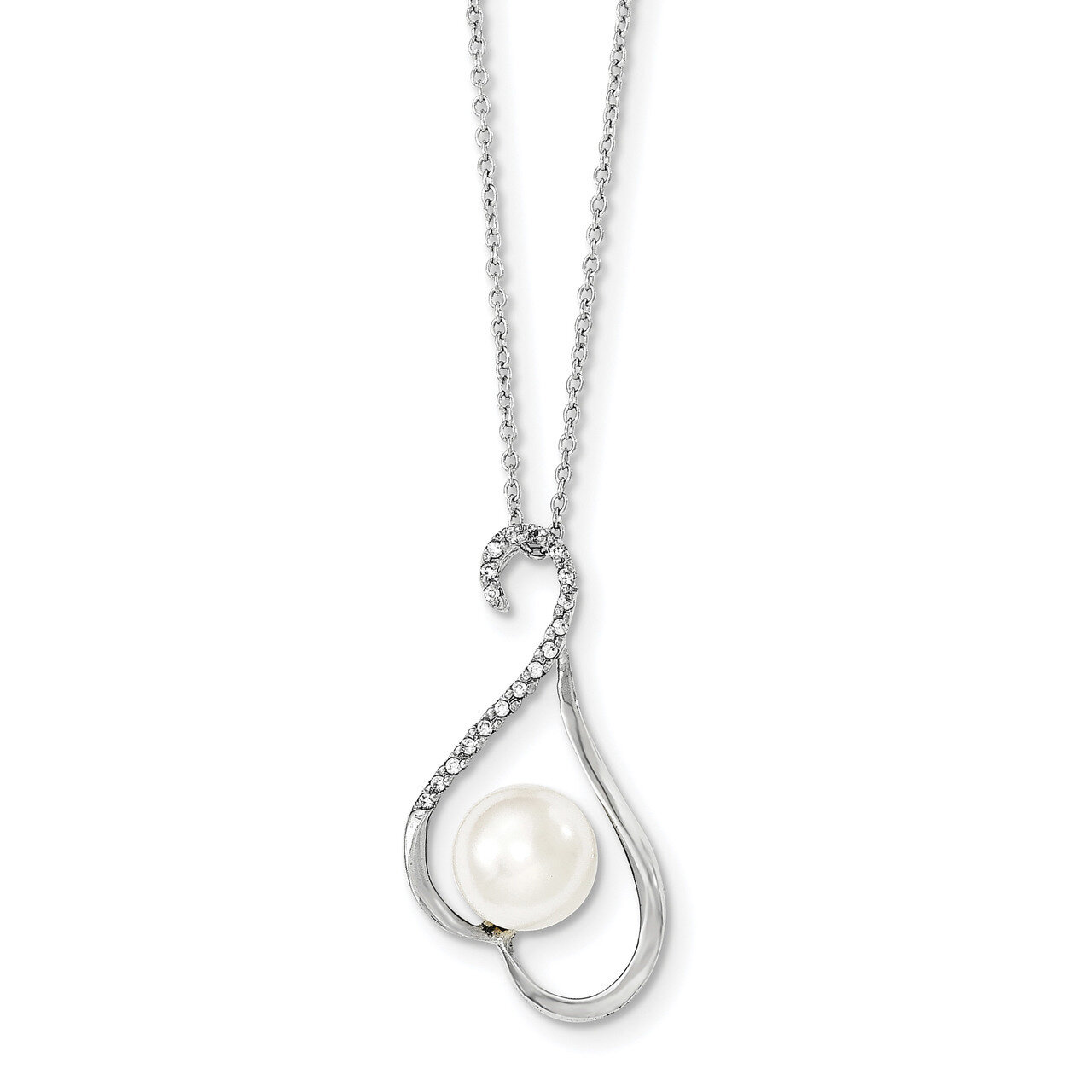 9-10mm White Cultured Freshwater Pearl CZ Diamond Chain Slide Necklace 17 Inch Sterling Silver Rhodium QP4634