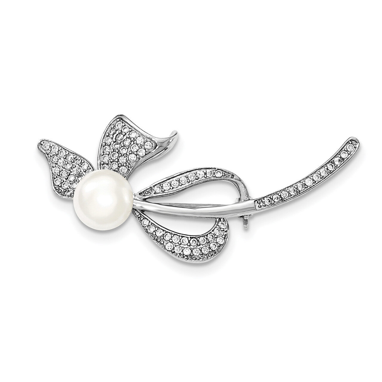 9-10mm White Cultured Freshwater Pearl CZ Diamond Bow Pin Sterling Silver Rhodium-plated QP4671