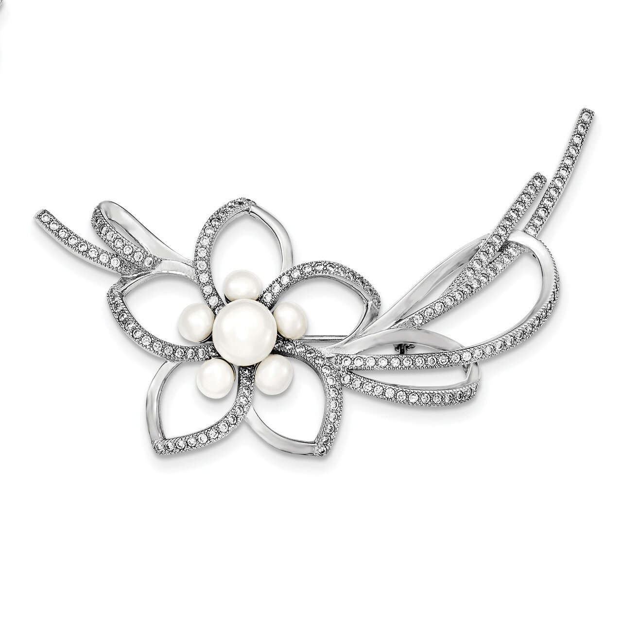 4-7mm White Cultured Freshwater Pearl CZ Diamond Flower Pin Sterling Silver Rhodium-plated QP4672
