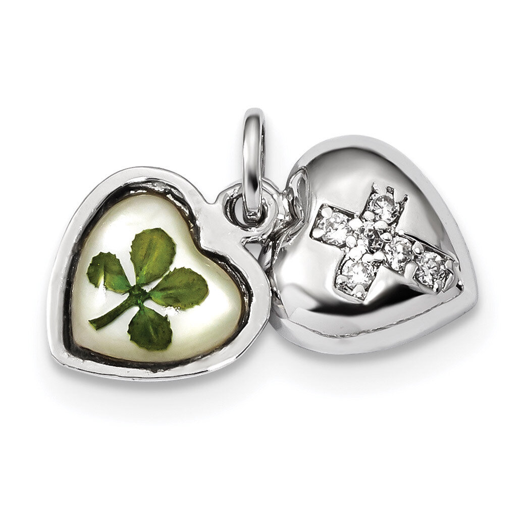 Leaf Clover Epoxy &amp; Shell CZ Diamond Heart Charm Sterling Silver Platinum-plated QP4758, MPN: QP475…
