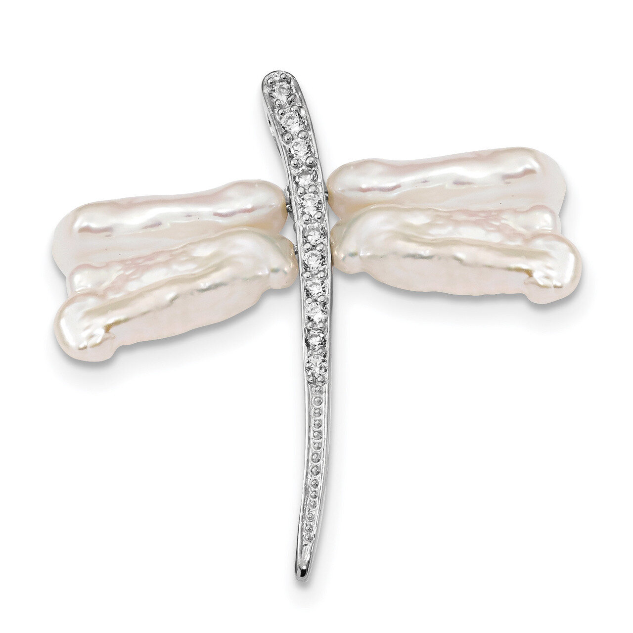 White Baroque Cultured Freshwater Pearl CZ Diamond Dragonfly Slide Pin Sterling Silver Rhodium-plat…
