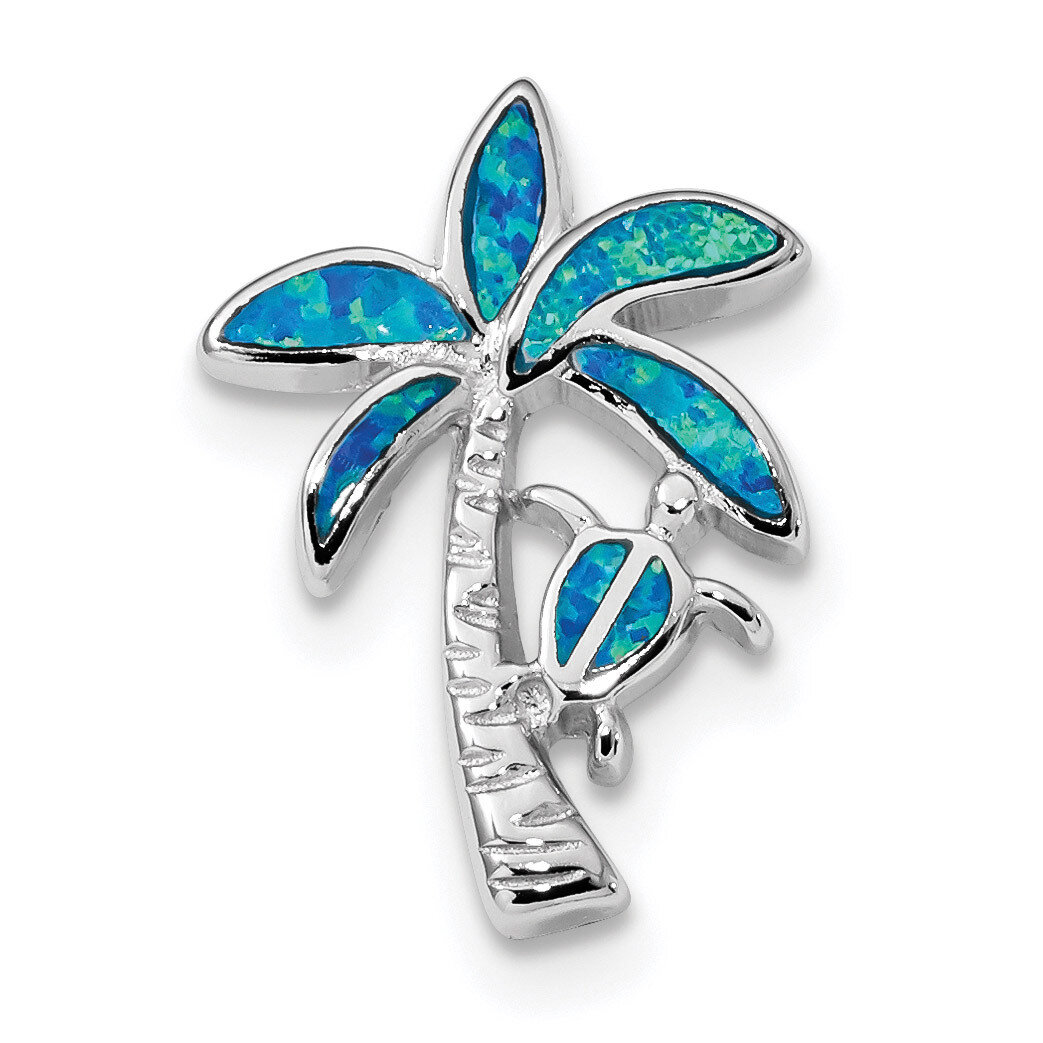 Blue Inlay Created Opal Palm Tree Slide Sterling Silver Rhodium-plated QP4862
